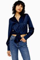 Topshop Tall Navy Satin Tie Front Blouse