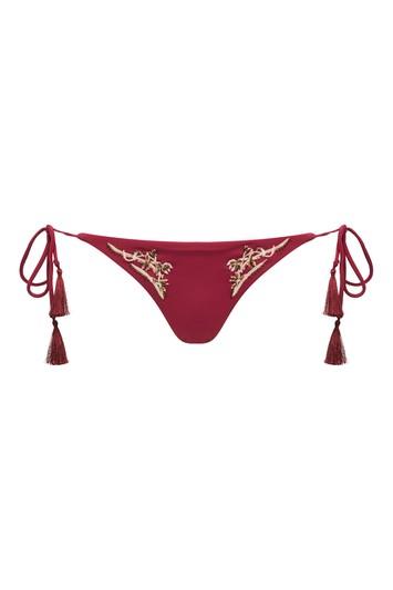 Topshop Burgundy Floral Embroidered Tie Side Bikini Bottoms