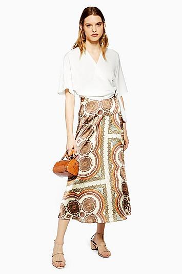 Topshop Paisley Satin Bias Wrap Midi Skirt