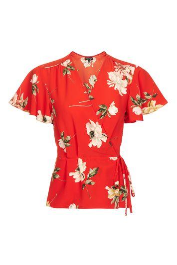 Topshop Floral Print Angel Sleeve Wrap Top