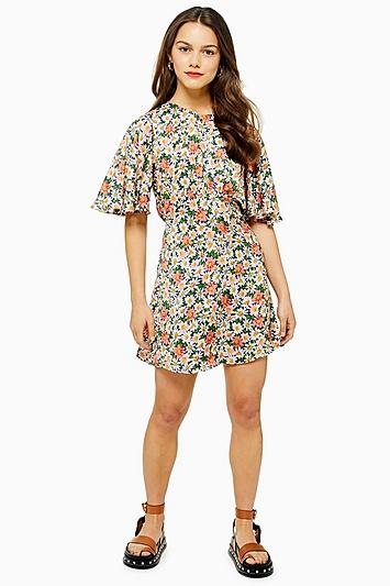 Topshop Petite Austin Floral Daisy Print Angel Sleeve Mini Dress