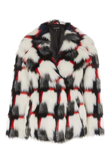 Topshop Geometric Pattern Faux Fur Coat