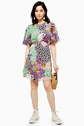 Topshop Tall Austin Floral Print Angel Sleeve Mini Dress