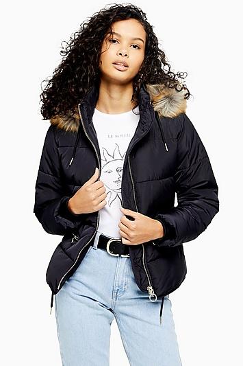 Topshop Navy Faux Fur Hooded Puffer Jacket