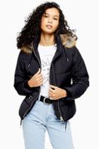 Topshop Navy Faux Fur Hooded Puffer Jacket
