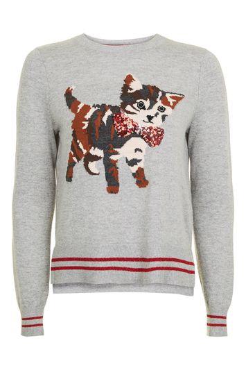 Topshop Petite Embellished Cat Motif Jumper