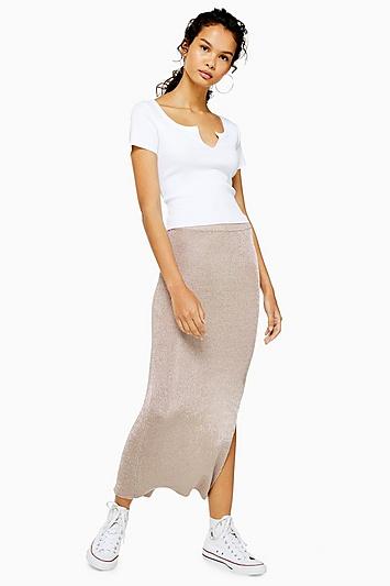Topshop Knitted Metal Yarn Midi Skirt