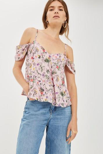 Topshop Floral Cold Shoulder Top