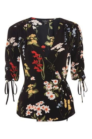 Topshop Tall Floral Print Ruched Sleeve Wrap Top