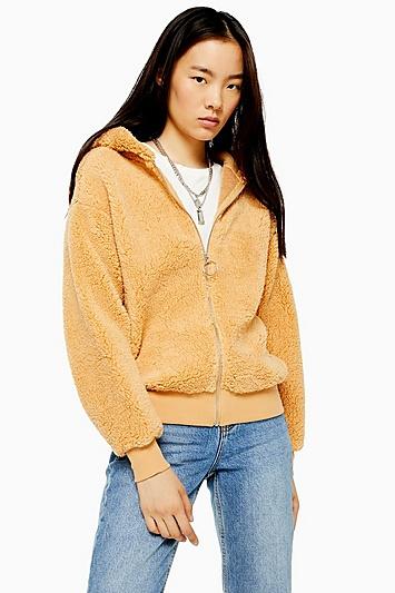 Topshop Camel Borg Zip Hoodie
