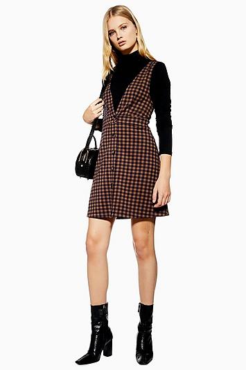 Topshop Petite Check Button Pinafore Dress