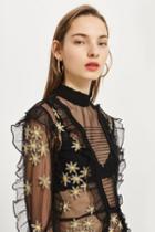 Topshop Embroidered Mesh Frill Top