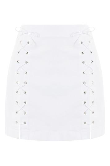 Topshop Moto White Lace Up A-line Denim Skirt