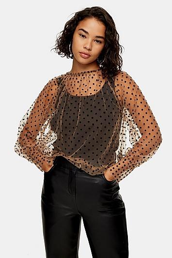Topshop Petite Spot Mesh Balloon Sleeve Top