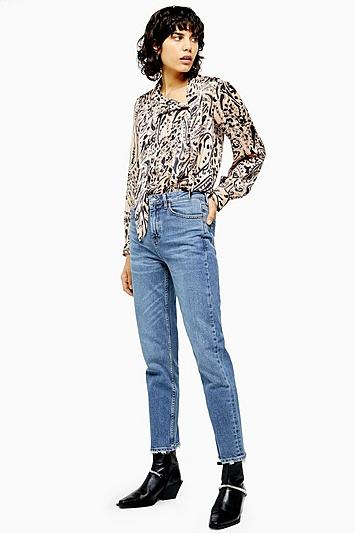 Topshop Mid Blue Abraided Hem Straight Jeans