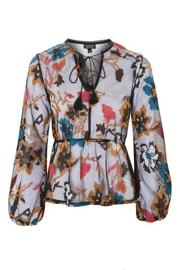 Topshop Embroidered Mesh Tassel Top