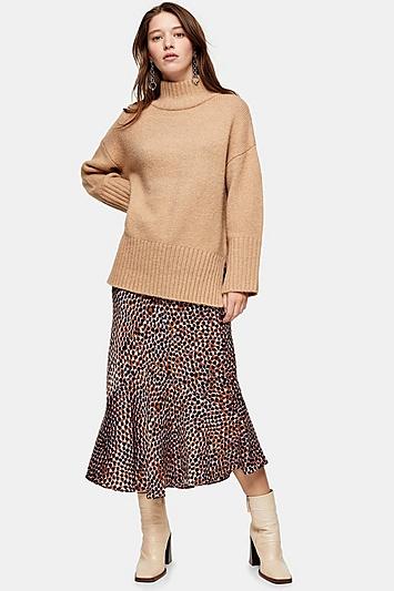 Topshop Animal Satin Flounce Midi Skirt