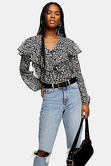 Topshop Black And White Blouse With Tie Front