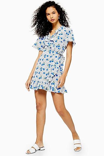 Topshop Ditsy Floral Spot Ruffle Wrap Mini Dress