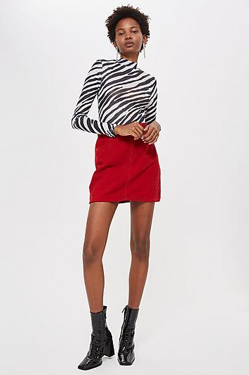 Topshop Petite Red Corduroy Denim Skirt