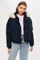 Topshop Navy Faux Fur Quilted Puffer Jacket