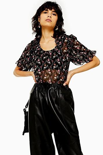 Topshop Floral Ruffle Short Sleeve Blouse