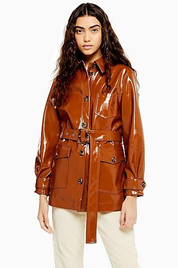 Topshop Chicago Brown Belted Vinyl Coat