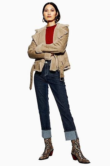Topshop Camel Suedette Biker Jacket