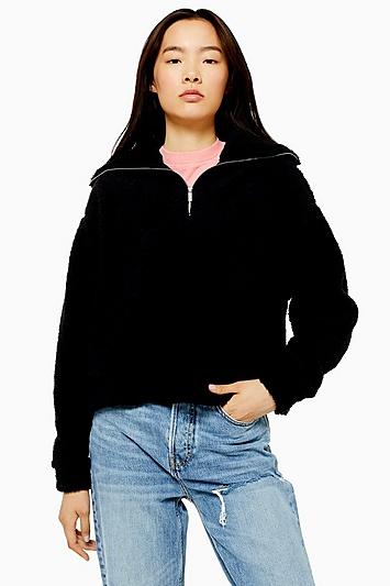 Topshop Black Half Zip Borg Sweatshirt