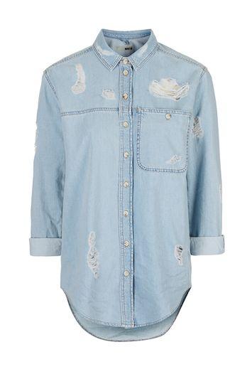 Topshop Moto Rip Detailed Denim Shirt