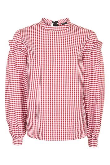 Topshop Gingham Mutton Sleeve Blouse