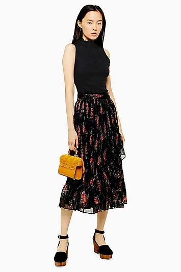 Topshop Black Floral Metallic Thread Wrap Skirt