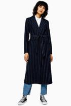 Topshop Navy Pinstripe Belted Coat With Wool