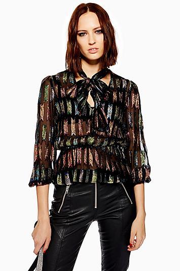 Topshop Petite Rainbow Lame Pussybow Blouse