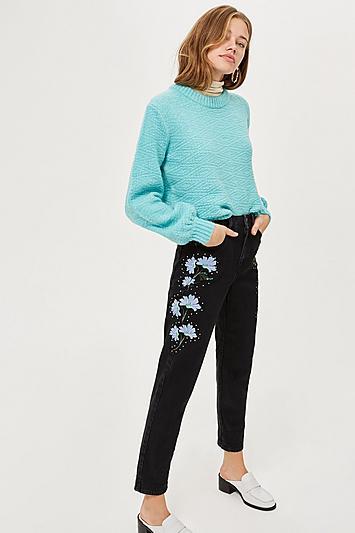 Topshop Black Floral Print Embroidered Mom Jeans