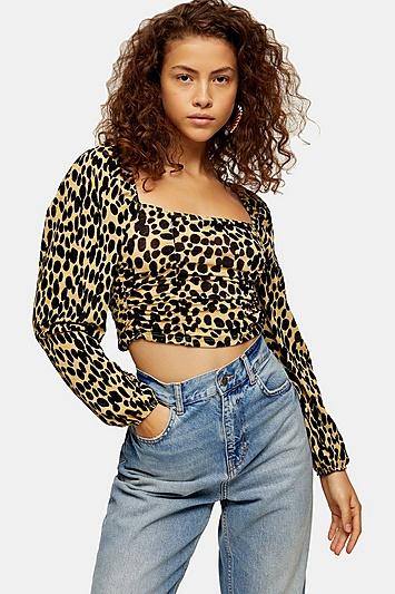 Topshop Animal Print Ruched Long Sleeve Top