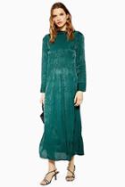 Topshop Forest Green Jacquard Pintuck Midi Dress