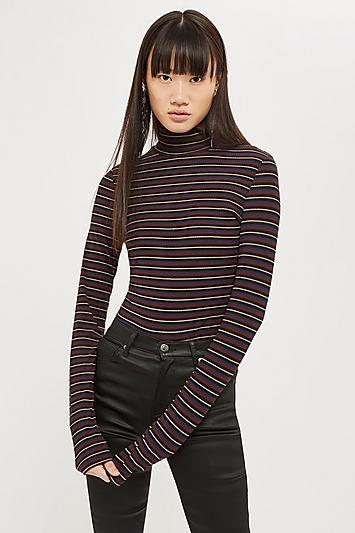 Topshop Glitter Stripe Long Sleeve Top
