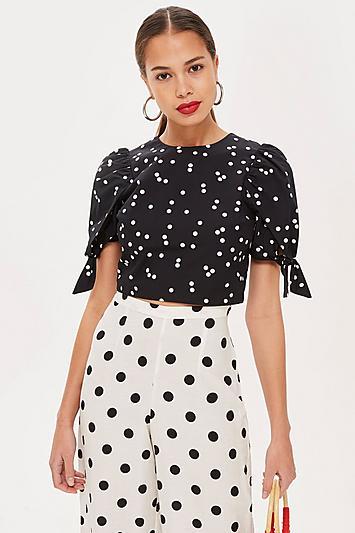 Topshop Spot Tie Sleeve Top