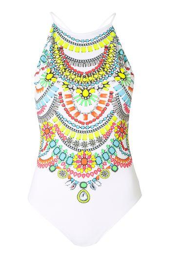 Topshop *neon Necklace High Neck Swimsuit By Jaded London