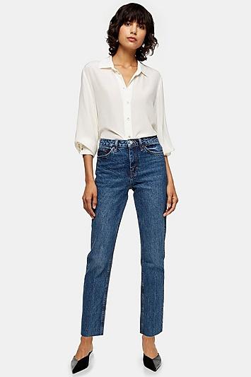 Topshop Considered Mid Blue Raw Hem Straight Jeans