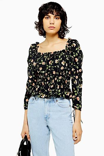 Topshop Floral Print Ruched Prairie Blouse