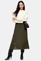 Topshop Khaki Pleat Side Button Midi Skirt