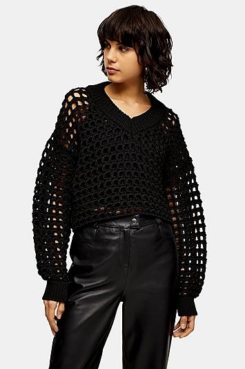 Topshop Black Open Crochet V Neck Jumper