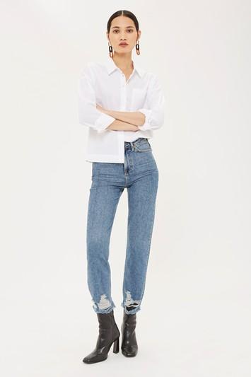 Topshop Mid Blue Ripped Hem Straight Leg Jeans