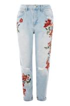 Topshop Petite Flower Embroidery Bleach Denim Mom Jeans