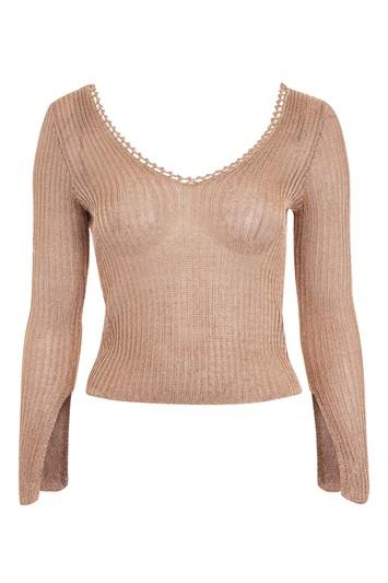 Topshop Metal Yarn Ribbed Long Sleeve Top