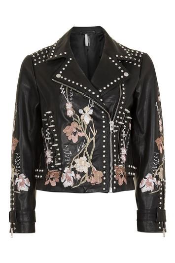Topshop Embroidered Leather Jacket