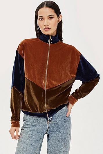 Topshop Velour Panel Zip Sweatshirt