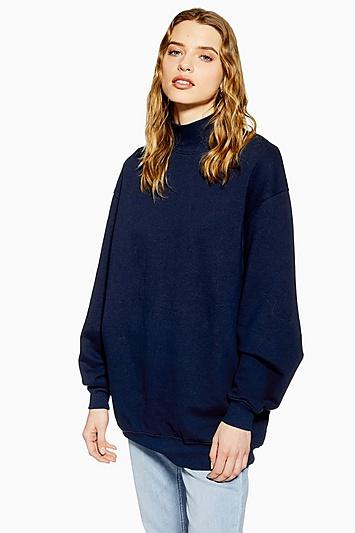 Topshop Navy Funnel Neck Sweatshirt